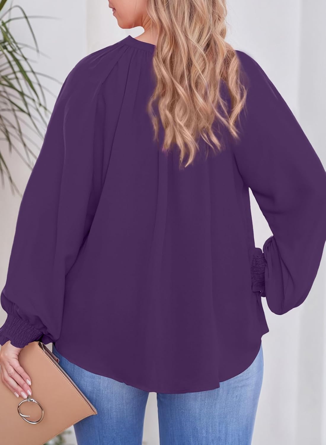 Eytino Womens Plus Size Tops Sexy V Neck Smocked Long Sleeve Casual Chiffon Blouse Flowy Work Shirts(1X-5X) - Image 2