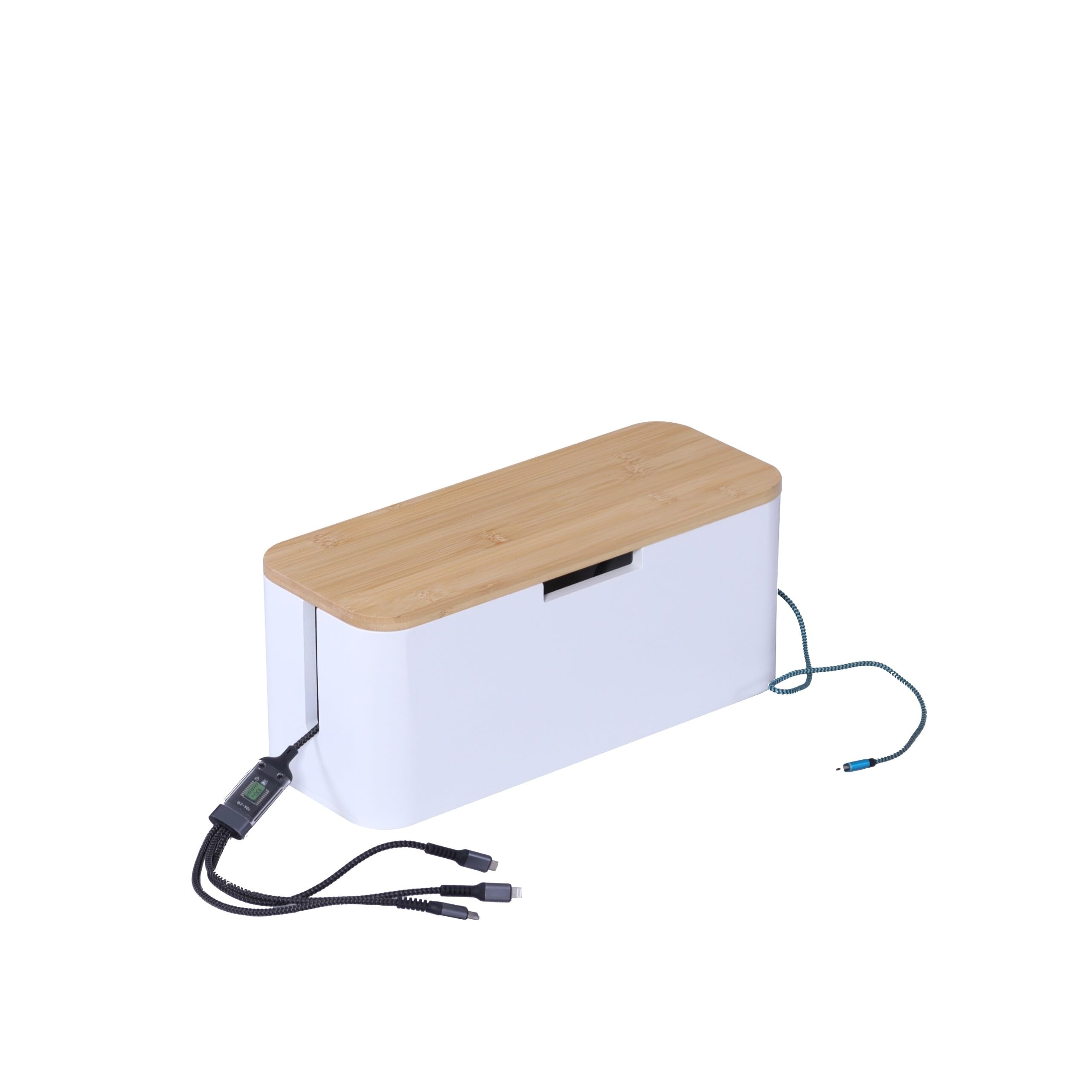 Relaxdays Boîte à câbles en Bambou avec Couvercle, Cache-câbles, 14,5x34x11 cm, Naturel/Blanc