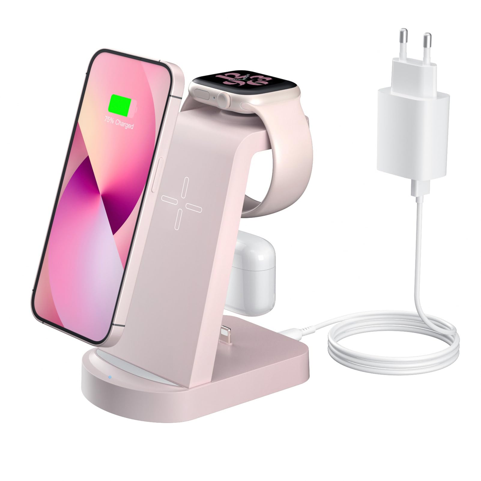Kabellose Ladestation,Wireless Charger 3 in 1 induktive Kabelloses Ladegerät Mit 18W Adapter,kompatibel mit iPhone 17/16/15/14/13/12 Pro/Pro Max,Apple Watch Ultra/10/9/8/7/6/SE AirPods321/Pro1 Rosa