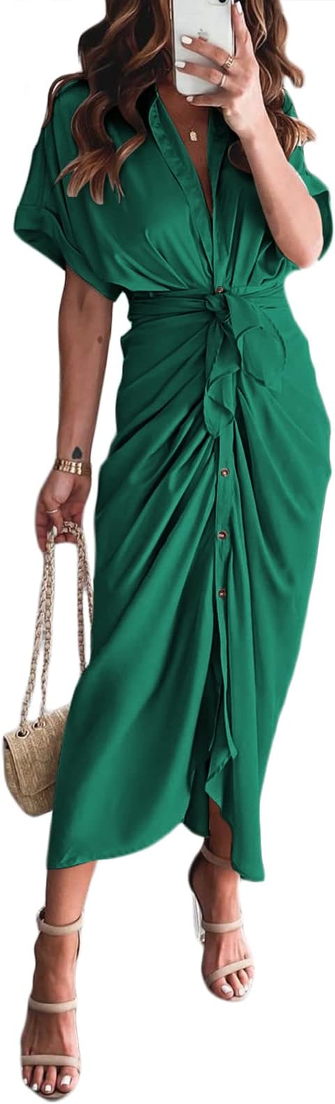 Linsery Womens Button Down Ruched Shirt Dresses Elegant Wrap Maxi Dress with Belt
