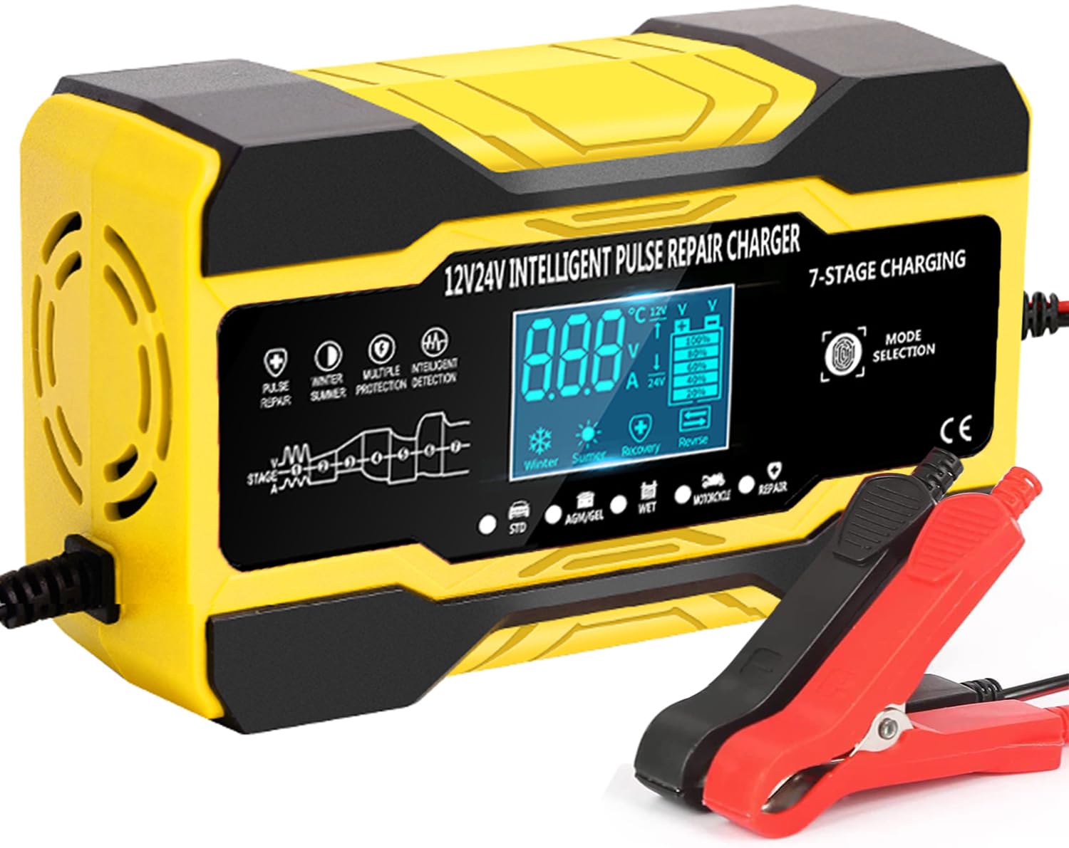 10Amp Car Battery Charger, 12V&24V Smart Battery Charger Maintainer with 7-Stage Charging Mode Repair for Car Truck Motorcycle Lead Acid Batteries, UK Plug, Yellow