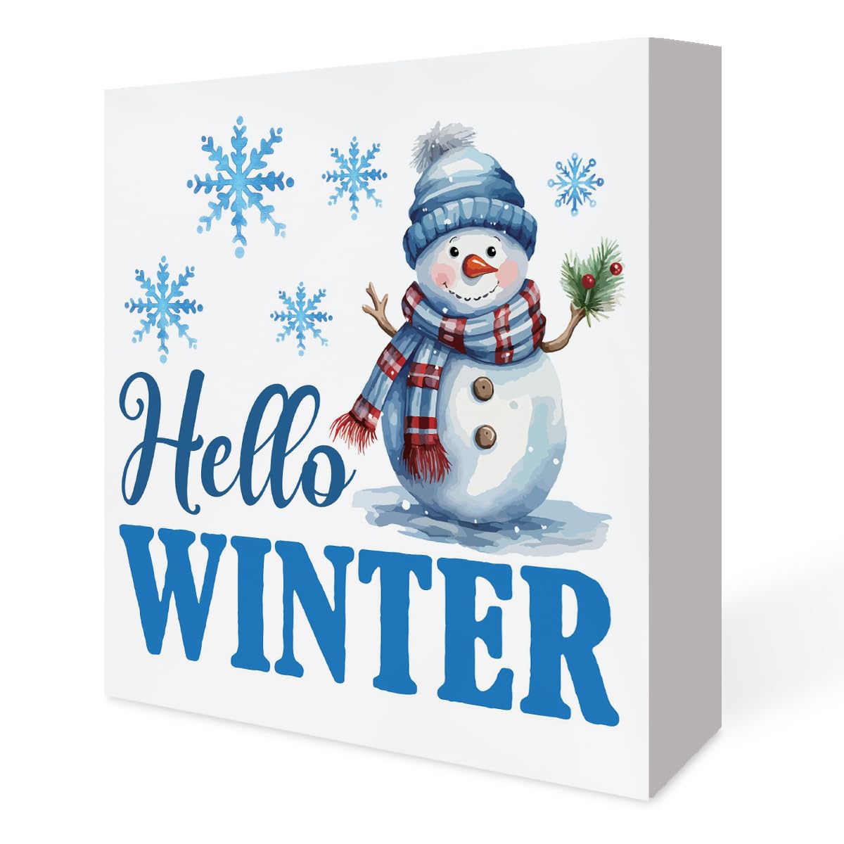 Winter Decor Hello Winter Sign Winter Decorations for Home Snowman Decorations Winter Wood Box Sign Desk Decor for Tabletop Shelf Wall,5x5 Inch