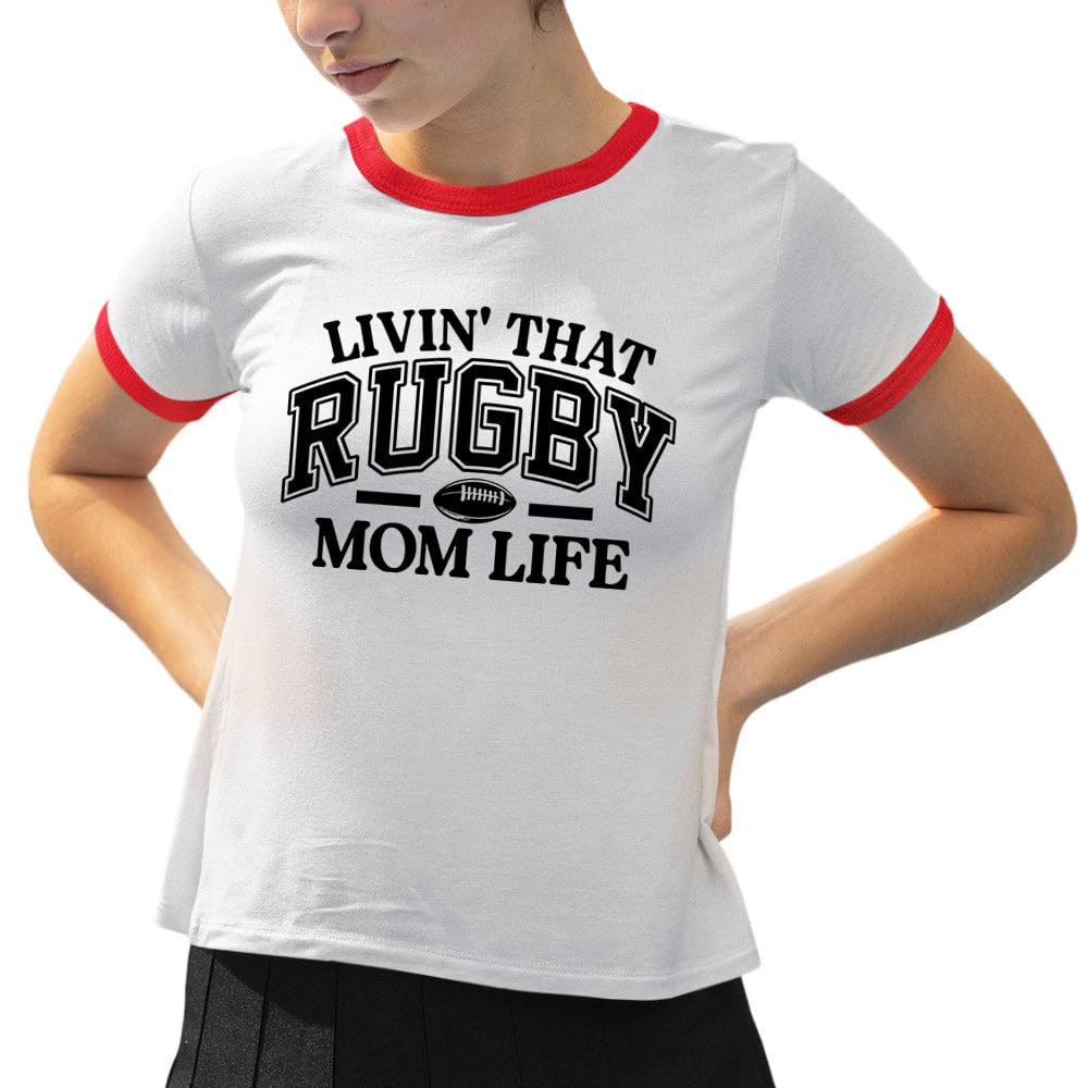 Livin' That Rugby Mom Life Ringer Tee Shirt Unisex Large White/Red