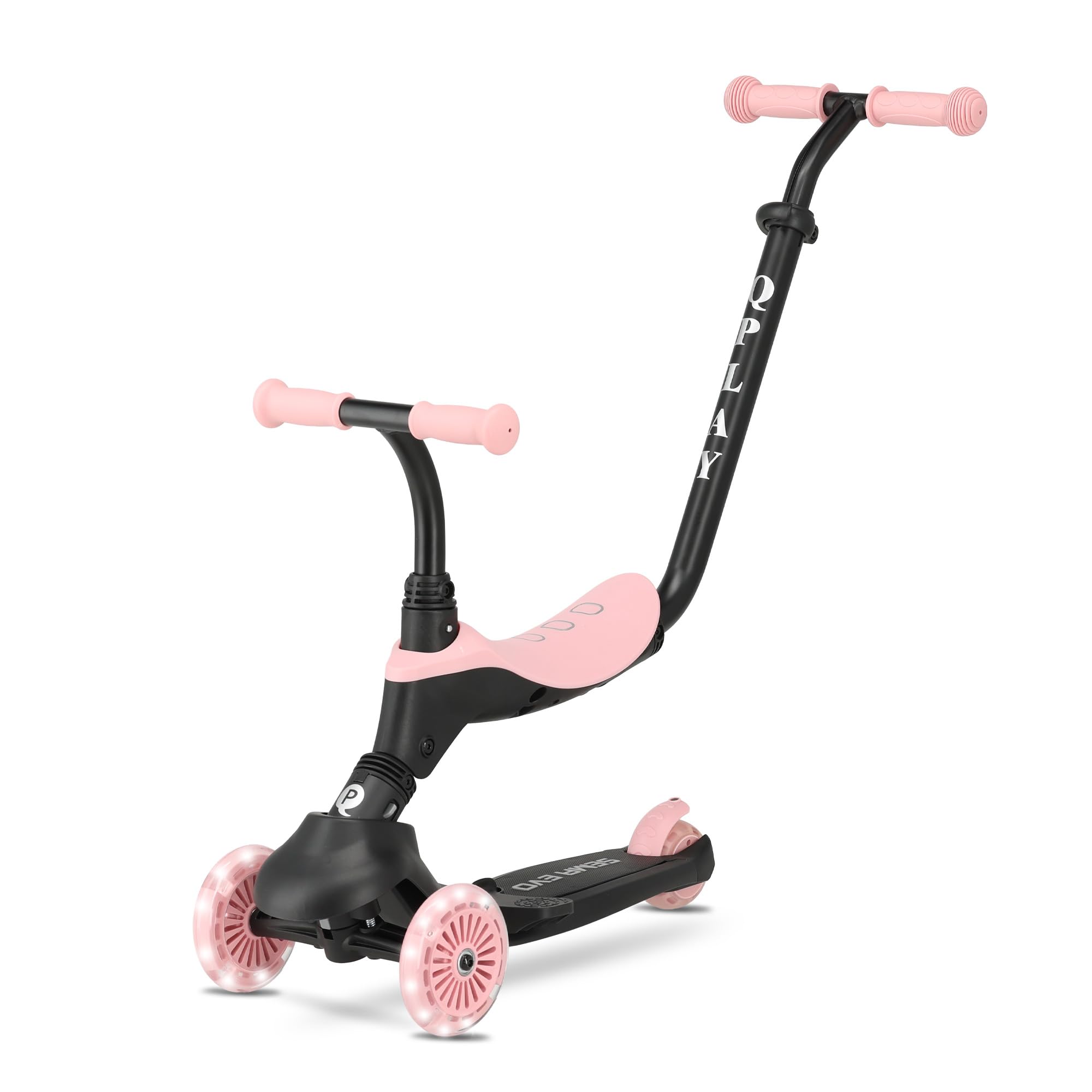 QPLAY Sema EVO Trottinette 6 en 1 avec siège, poignée de poussée, lumières LED sur roues et plateforme avec dynamo, de 1 à 6 ans, charge maximale de 50 kg, pliable