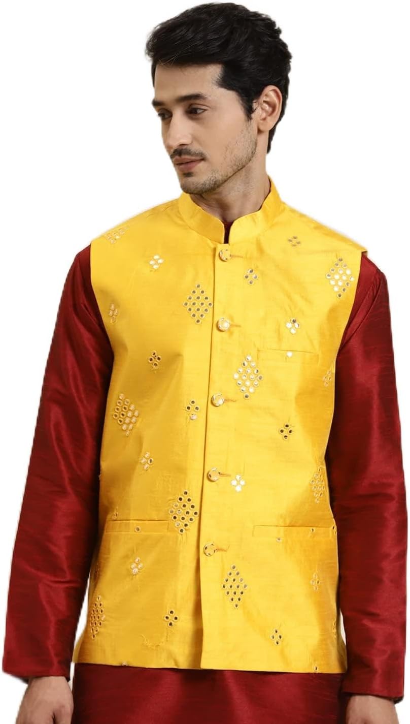 Sojanya (Since 1958 Men'S Silk Blend Mirror Work Indian Traditional Ethnic Dresses Only Nehru Jacket