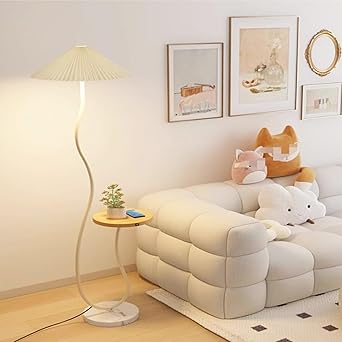 Kutis Nordic Iron Floor Light Floor Lamp with Wooden Table, Marble Base, Fabric Lamp for Living Room, Bedroom, Floor Lamp 26 x 155 cm.