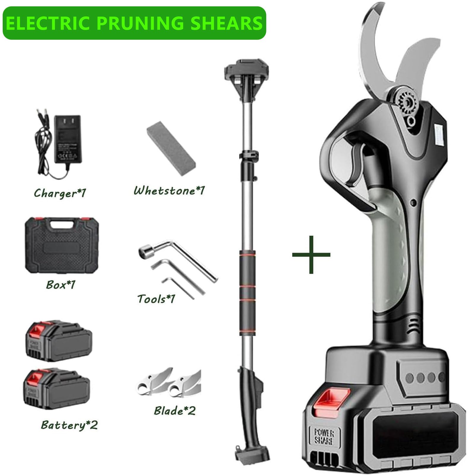 Podadora eléctrica inalámbrica de 50 mm con 2 baterías de 4500 mAh, para jardinería, árboles frutales y viñedos