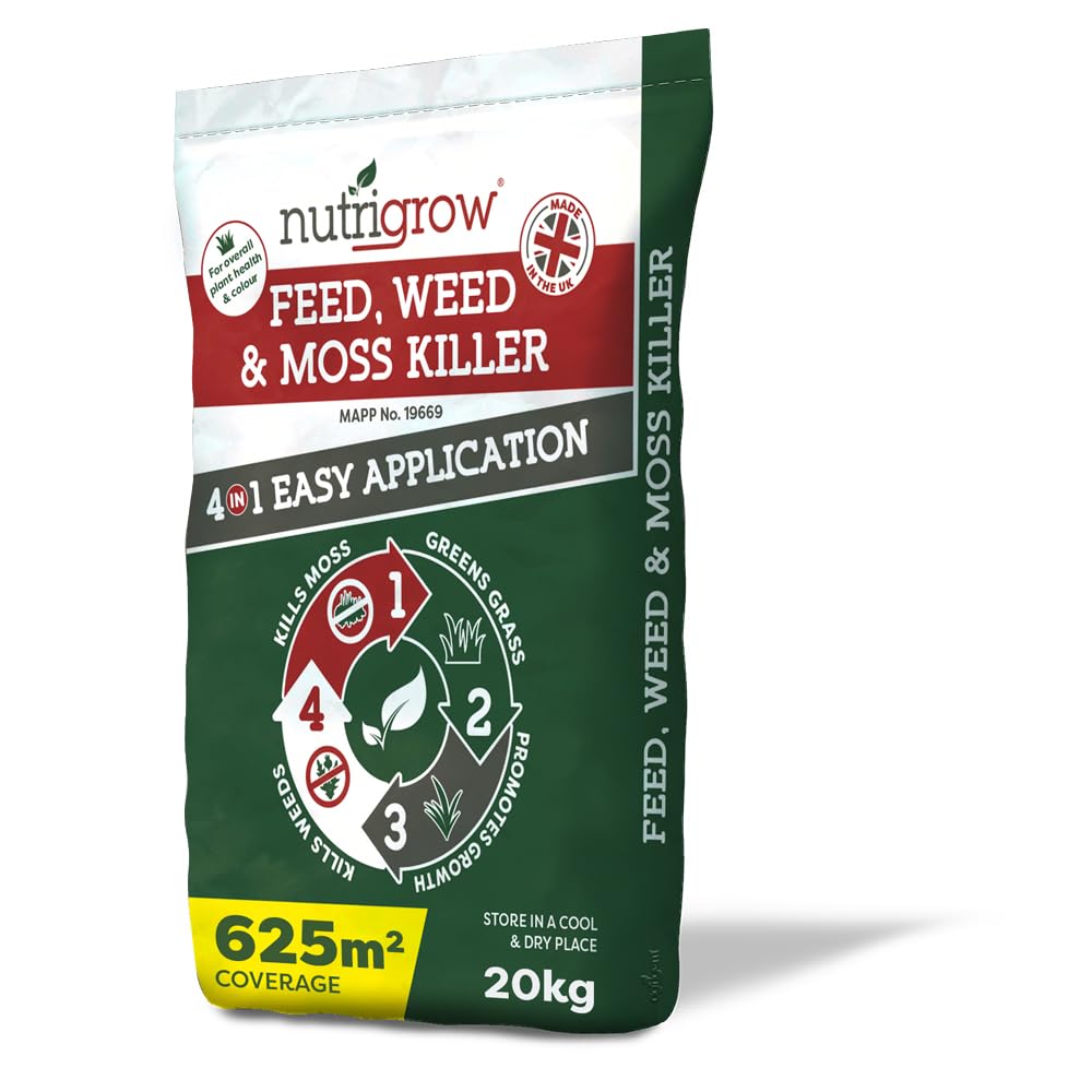 Nutrigrow 4-in-1 Feed, Weed & Moss Killer (10-2-2+Fe) Lawn Fertiliser 625m² Pack