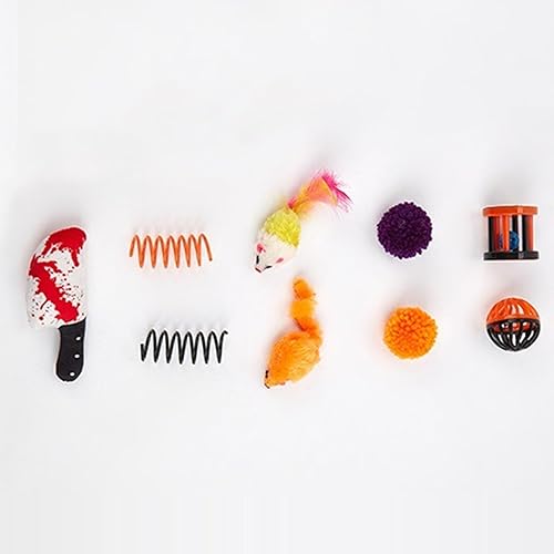 Juego de 9 piezas de juguetes para gatos de Halloween, juguetes interactivos de hierba gatera, felpa, resorte y pelota para jugar y hacer ejercicio