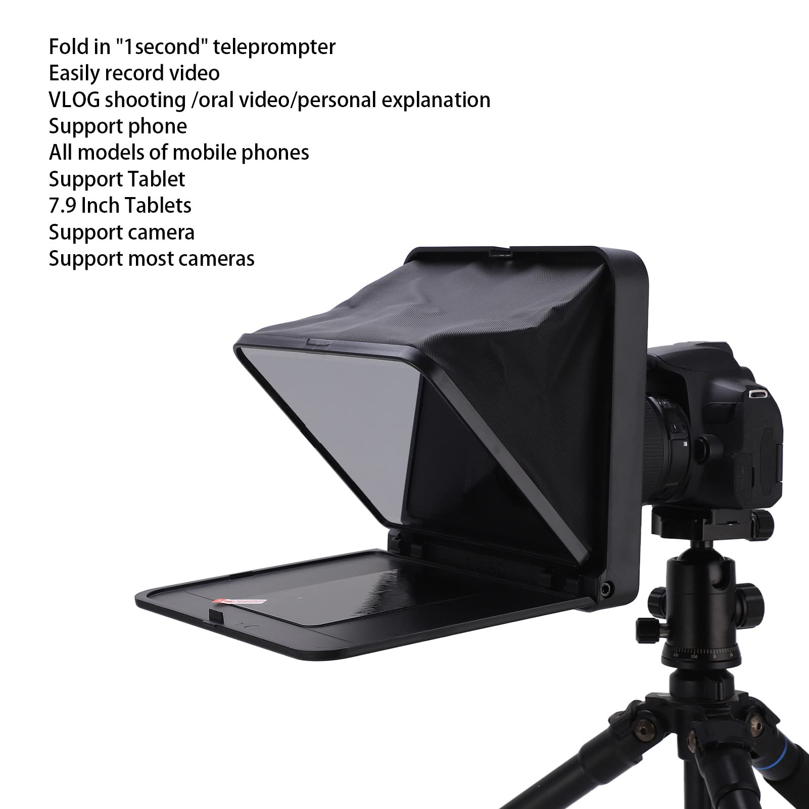 Bewinner Teleprompter con Telecomando, Teleprompter Portatile Pieghevole con Anello Adattatore da 49 Mm, 52 Mm, 58 Mm, 62 Mm, 67 Mm, 72 Mm, 77 Mm per Fotocamera SLR Tablet Smartphone