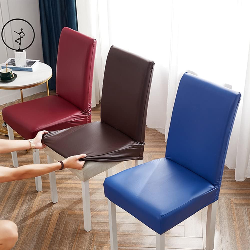 Shukii Stretch Dining Chair Covers Waterproof PU Leather Chair Slipcovers Chair Protector Cover Universal Chair Covers for Dining Room Kitchen Hotel (Set of 4, Coffee)