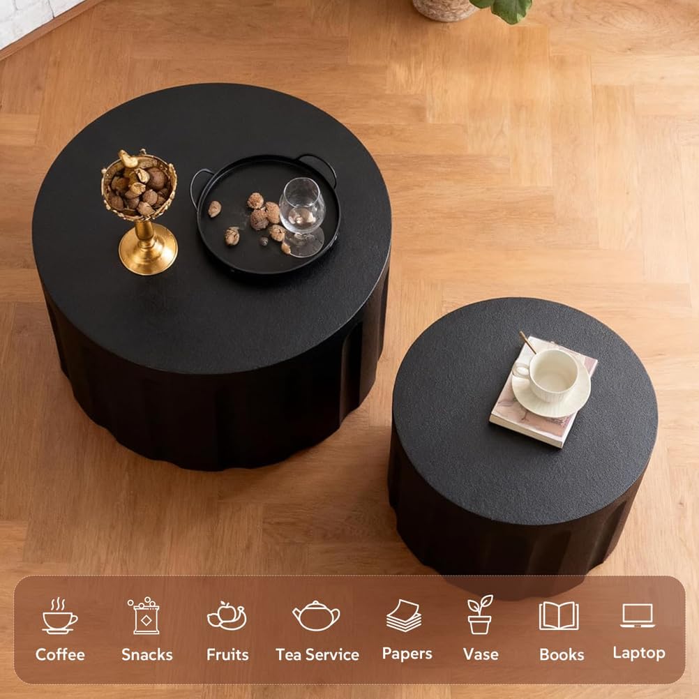 Round Nesting Coffee Table Set of 2 for Living Room, Modern Fluted Coffee Tables and End Table Sets Drum Circle Side Tables for Small Spaces Bedroom Balcony Office No Assembly Required,Black