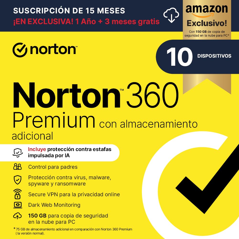 Norton 360 Premium Exclusivo Amazon*|Antivirus 10 Dispositivos|15 meses| Descarga digital en oferta en Amazon