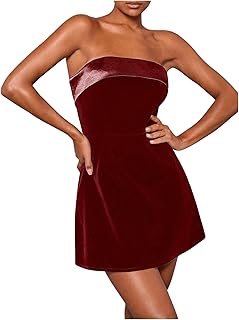 Women's Elegant Strapless Velvet Dress High Waisted Flared A Line Wedding Guest Mini Tube Dress - Buy now