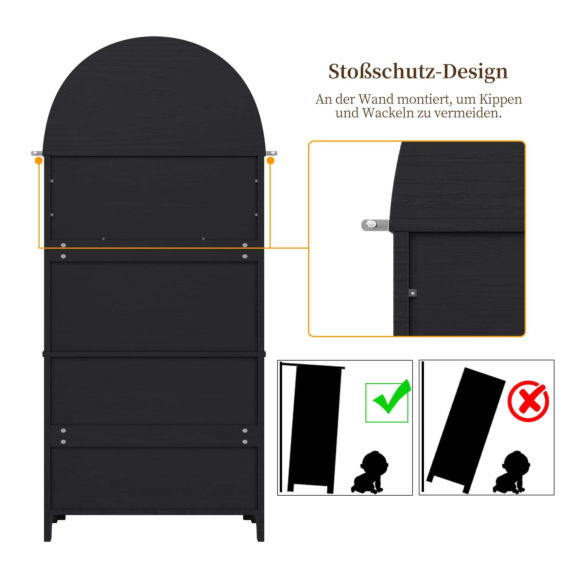 Merax Armario alto de 180 cm, armario multiusos con 2 puertas, 3 cajones, armario de almacenamiento abierto, armario de vitrina para salón, oficina, cocina, armario de cocina de arco alto, color negro