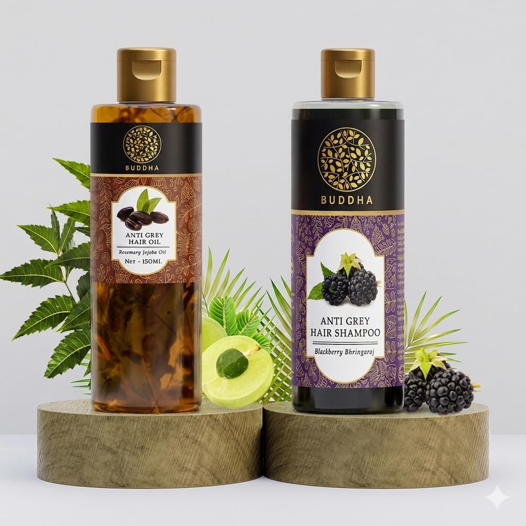 Buddha Natural Grey Hair Oil & Shampoo Combo (150ml + 200ml) - Supports Reduces Greys, Restores Natural Hair Color, Nourishes Roots & Scalp Welness | Suitable for Men and Women-image-34