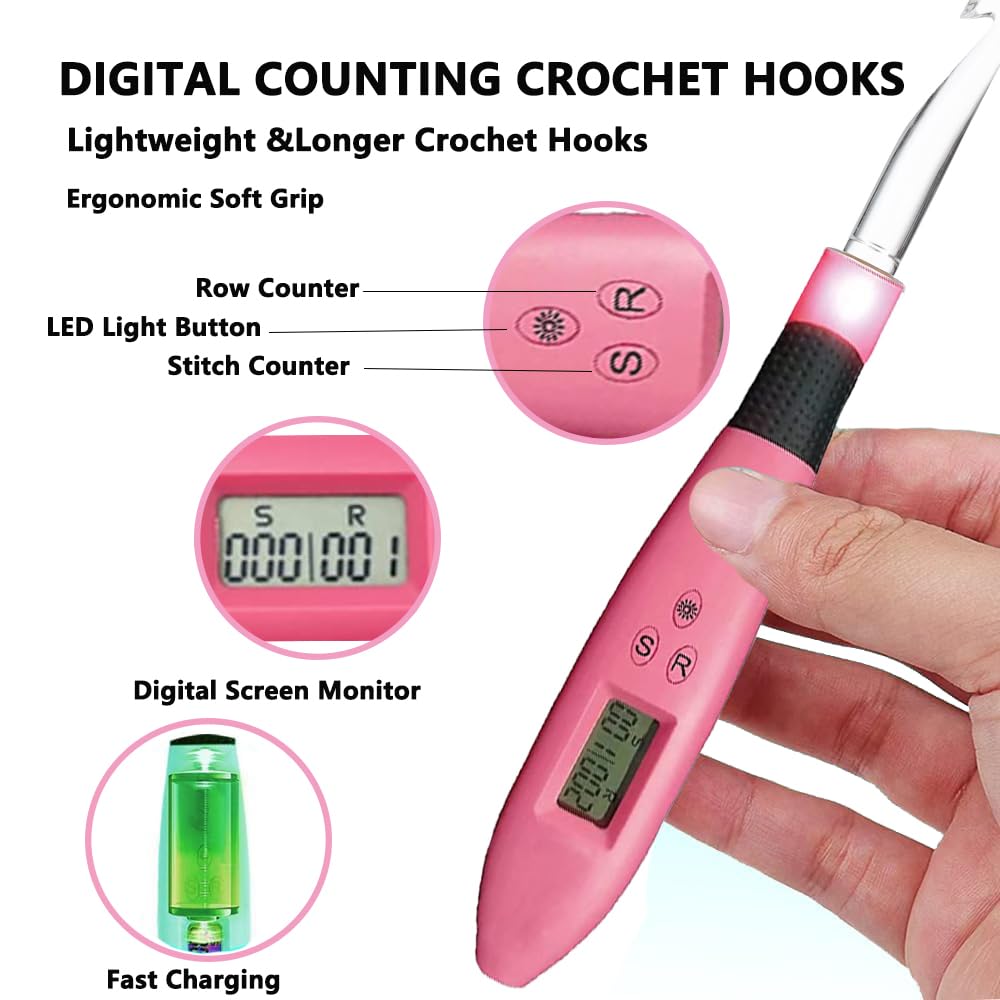 Juego de agujas de ganchillo iluminadas, juego de agujas de ganchillo digitales con 24 kits de ganchillo intercambiables, ganchos de ganchillo iluminados con 2 niveles LED, kit de punto para