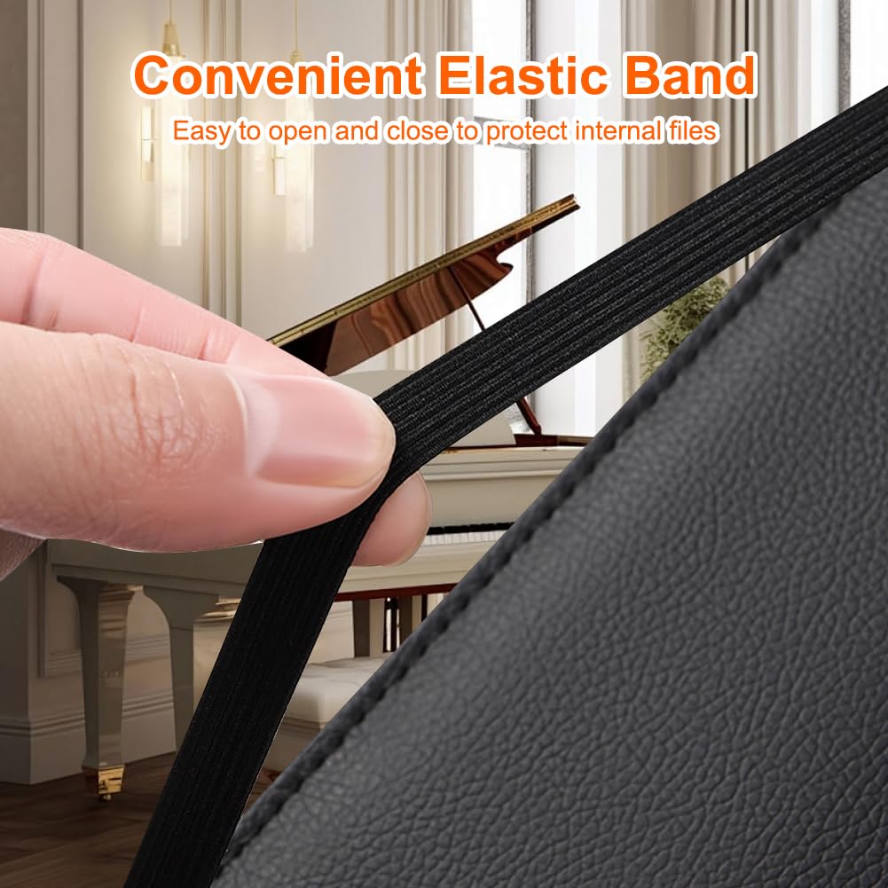 Porte-Partitions A4, Porte Partition Chorale Grand, Portes-Partition pour Feuilles avec Poche Intérieure et Dragonne, Classeur à Partition en Cuir PU avec 3 Anneaux pour Piano Guitare Violon, Noir