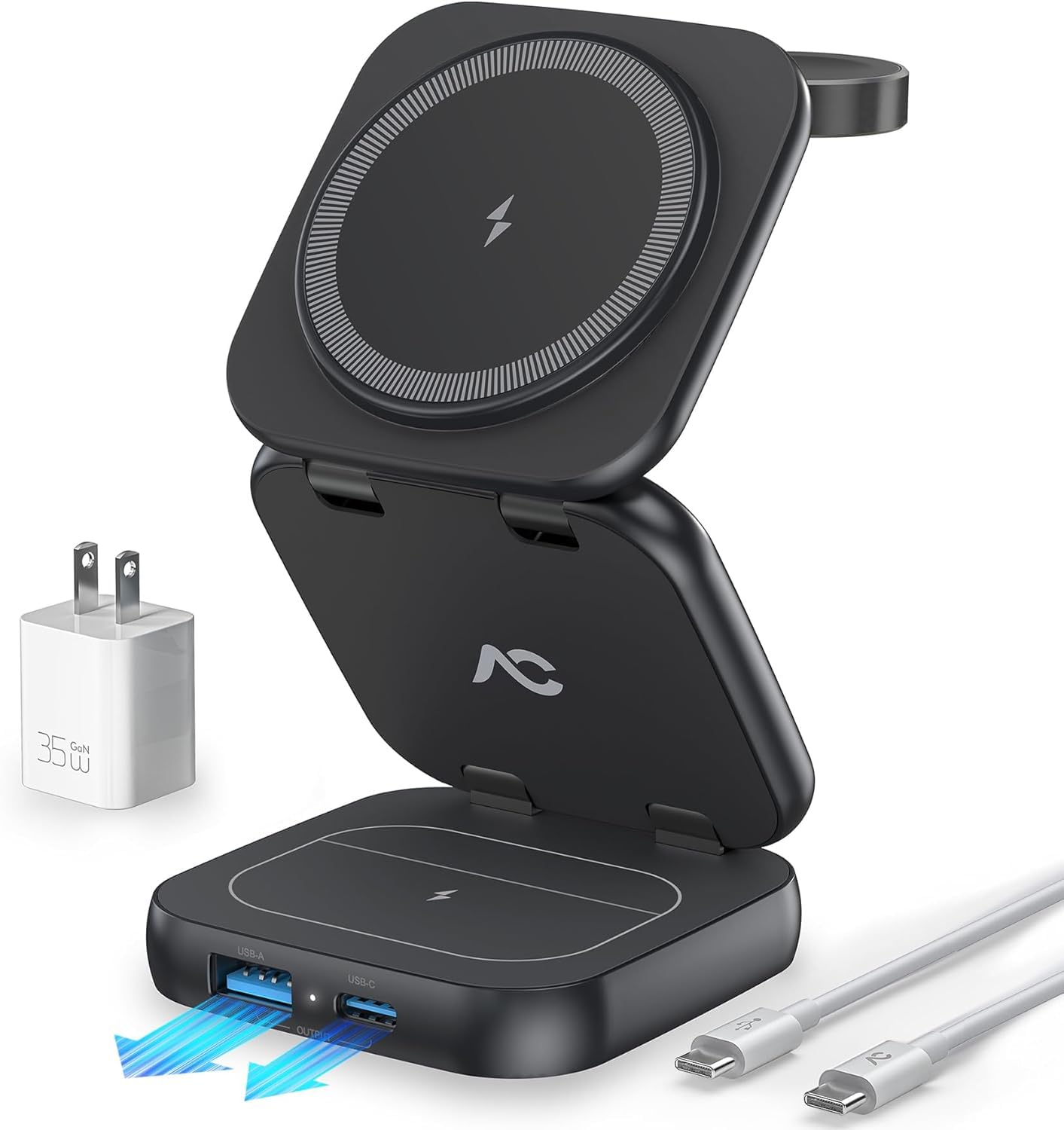 AC Island 5 in 1 iPhone Ladestation kompatibel mit Mag-Safe Ladegerät, Qi2 Faltbar Reisen Wireless Charger für iPhone 17/16/15/14/13/12 Series, AirPods Pro 3, Apple Watch - Schwarz(Mit 35W Stecker)