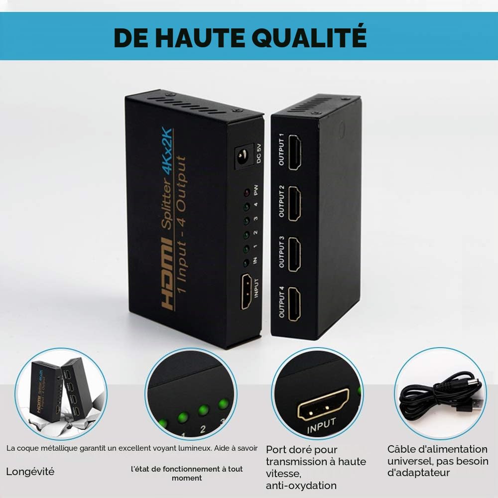 Splitter HDMI 4K Répartiteur HDMI 4 Sorties Distributeur Soutien 4K 1080P 3D Compatible pour Xbox PS3 PS4 Blu-Ray TV Chromecast DVD Récepteur Satellite et Autres Périphériques HDMI