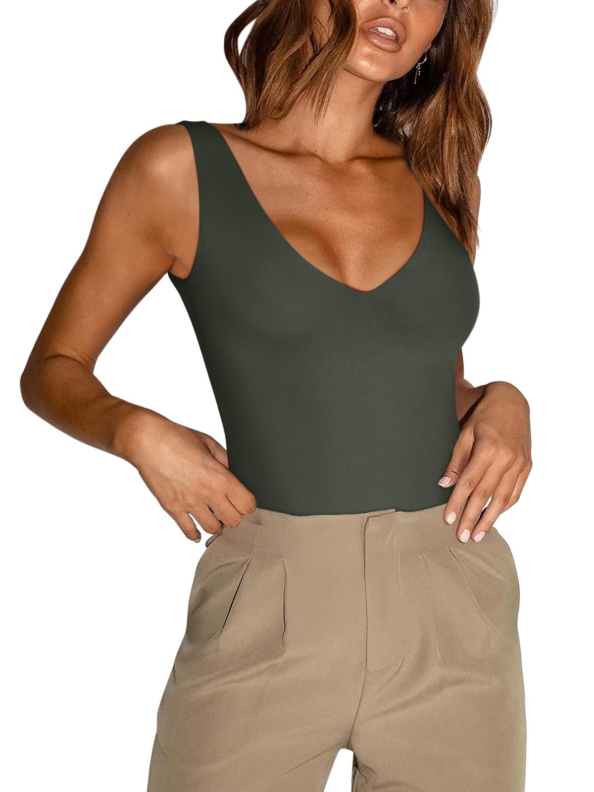 REORIA Butsmooth® Women’s Trendy Sexy Plunge Deep V Neck Sleeveless V Backless Going Out Tank Bodysuits Tops