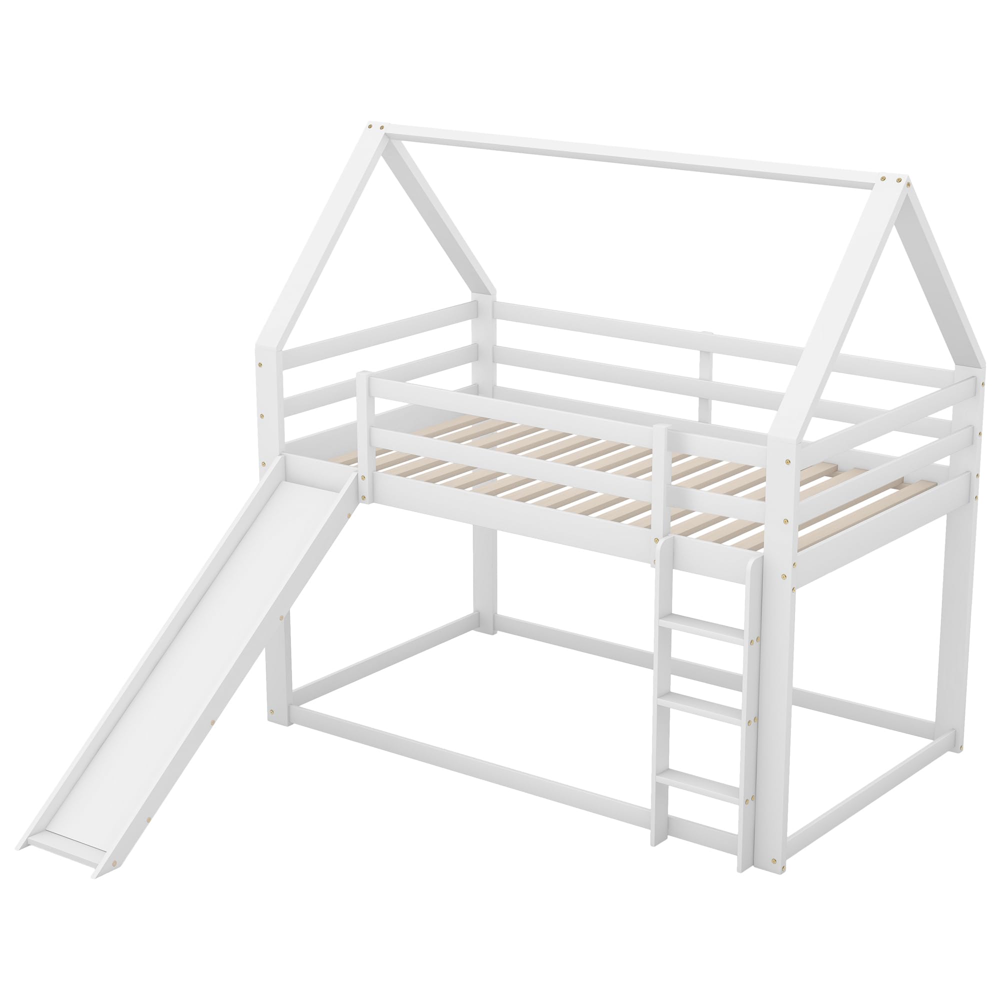 Dolamaní Hochbett Haus Etagenbett 2 Kinder 90x200 cm Weiß, Kinderbett mit Rausfallschutz, Rutsche und Treppe können die Plätze tauschen