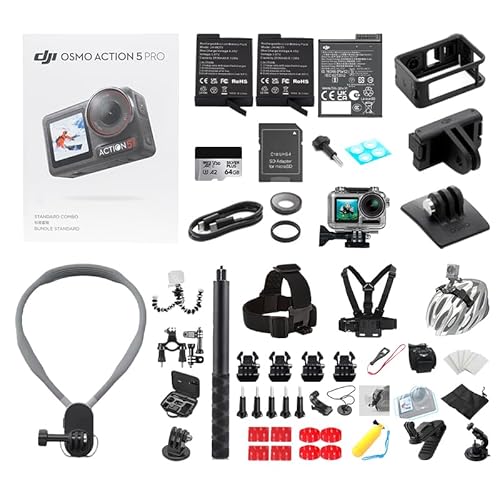 DJI Osmo Action 5 Pro アクションカメラ 標準コンボ + マルチアクセサリー & 磁気ネックマウントの追加、4K/120fps 防水アクションカメラ 64Gカードと予備バッテリー2個付き 手ブレ補正機能付き