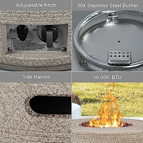 Kante 25 Inch Wide Round Texture Concrete and Metal Outdoor Eco-Friendly Smokeless 50,000 BTU Propane Gas Modern Fire Pit with Waterproof Cover,Biondo - Image 6