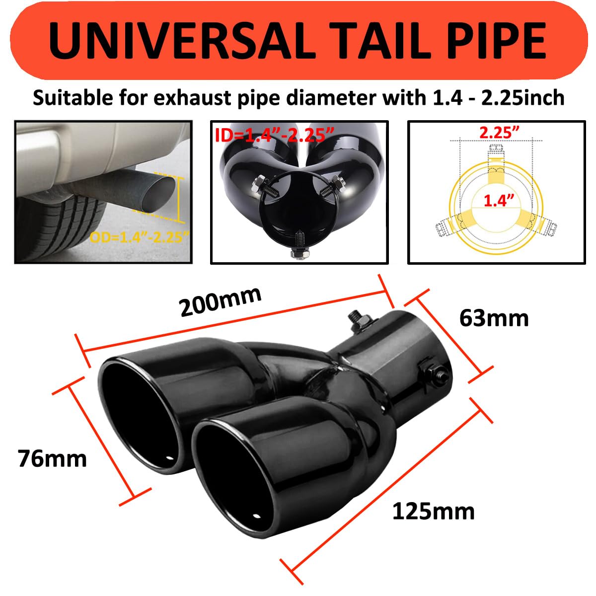 Épaissi Acier Inoxydable Extrémités de Tuyau D'échappement Voiture Embout Silencieux Tuyau Echappement Tuyau de Queue D'extrémité Double Sortie Plier Noir 63mm