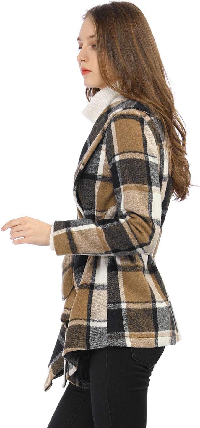 Allegra K Women's Turn Down Collar Asymmetric Hem Thin Plaids Wrap Coat - Image 4