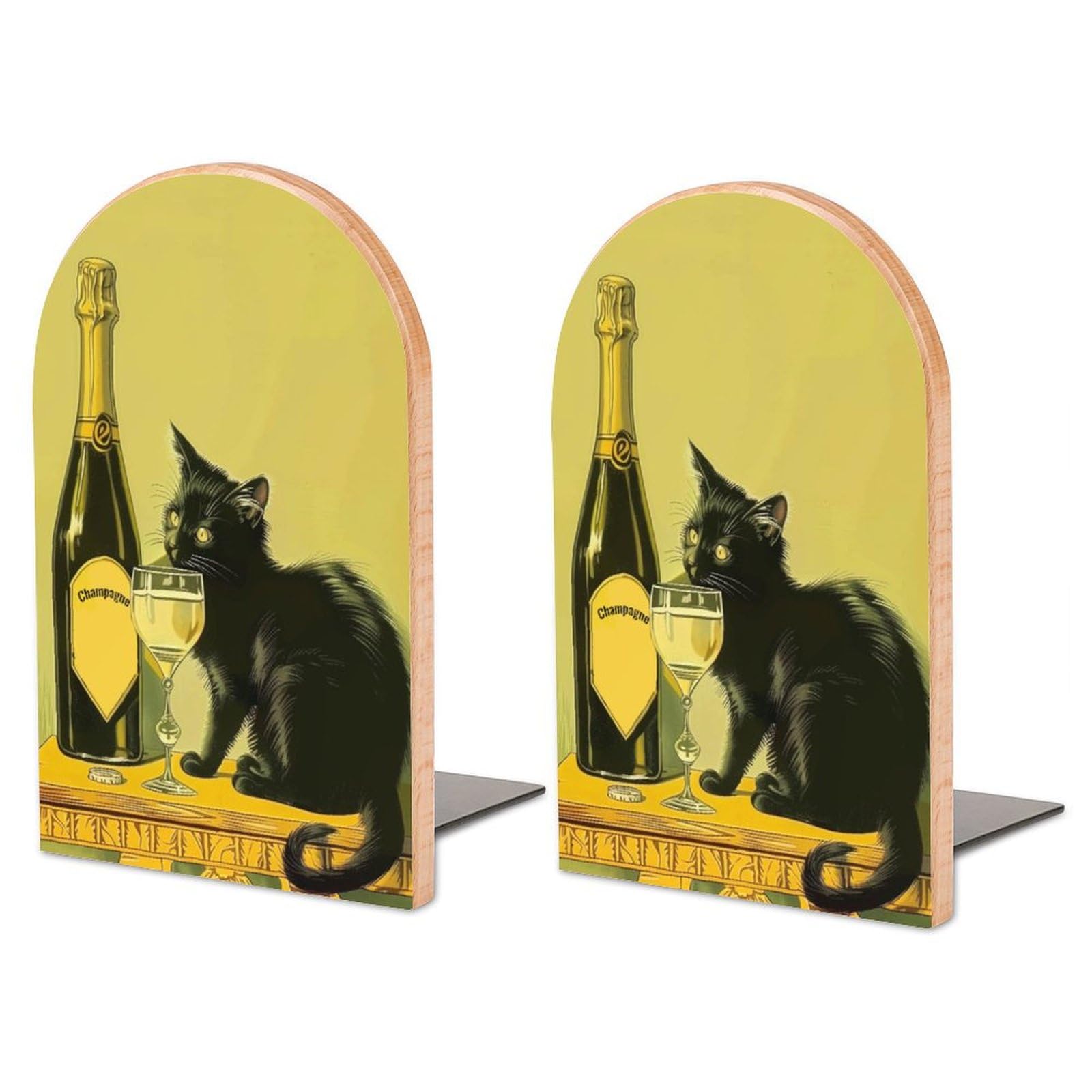 Retro Drinking Champagne Cat 2PCS Wood Book Ends Bookends for Shelves Non Skid Book Ends for Office Home Kitchen, Bookends for Holding Books 6.7 *