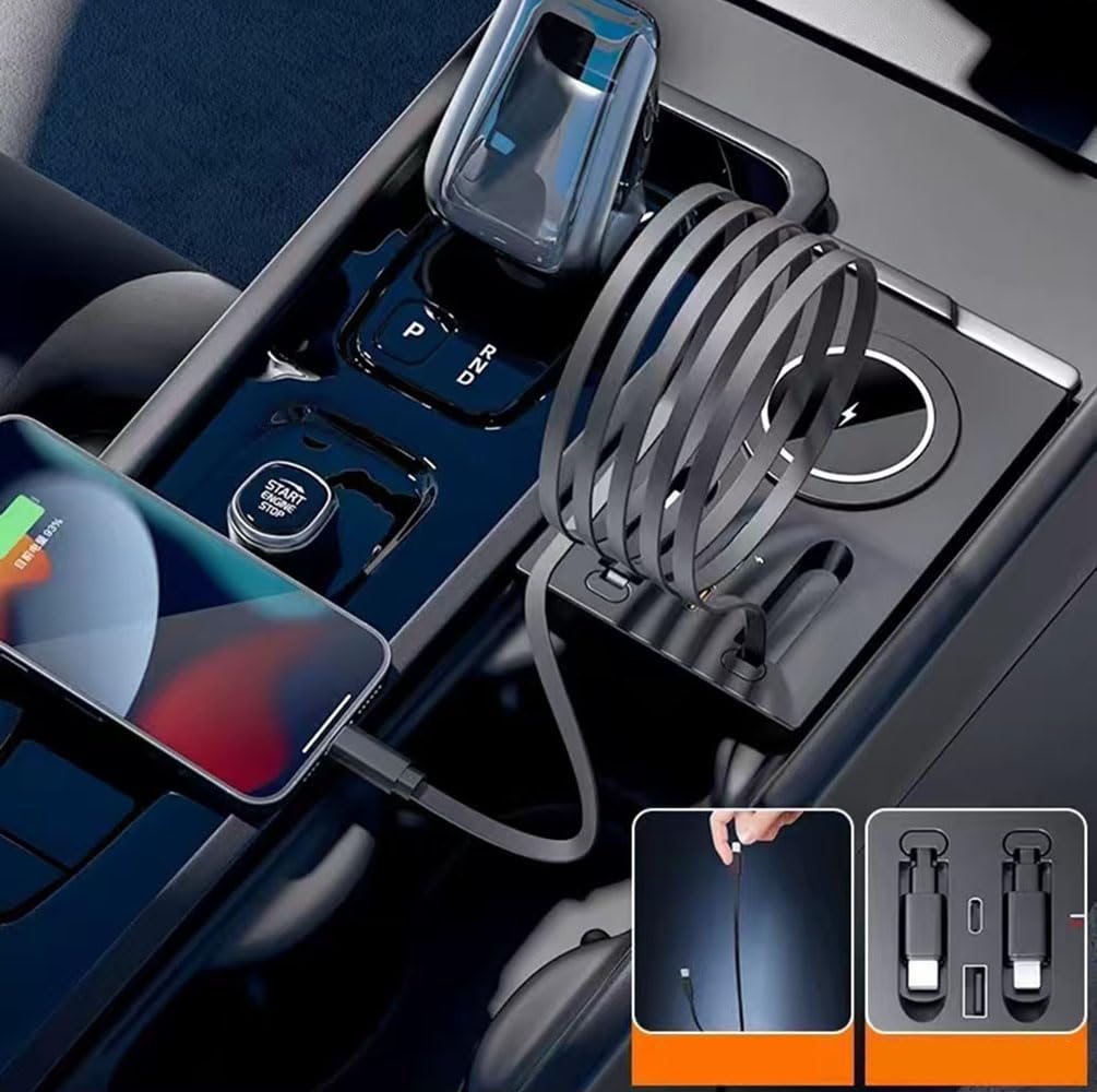 USB-Hub for Volvo XC60 XC90 S90 V90 S60 V60, einziehbare Hub-Dockingstation mit Schnellladekabel, Multi-Port, for Volvo-Zubehör, Dockingstation der Mittelkonsole, kabelloses Handy-Ladepad