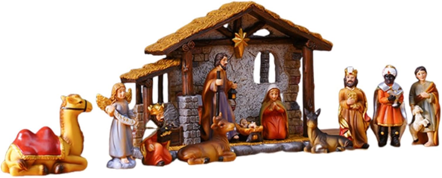 Resin Nativity Figurines Set of 12, Christmas Scene Sculpture with Holy Family, Animals and Angels, Religious Holiday Season Home Decor