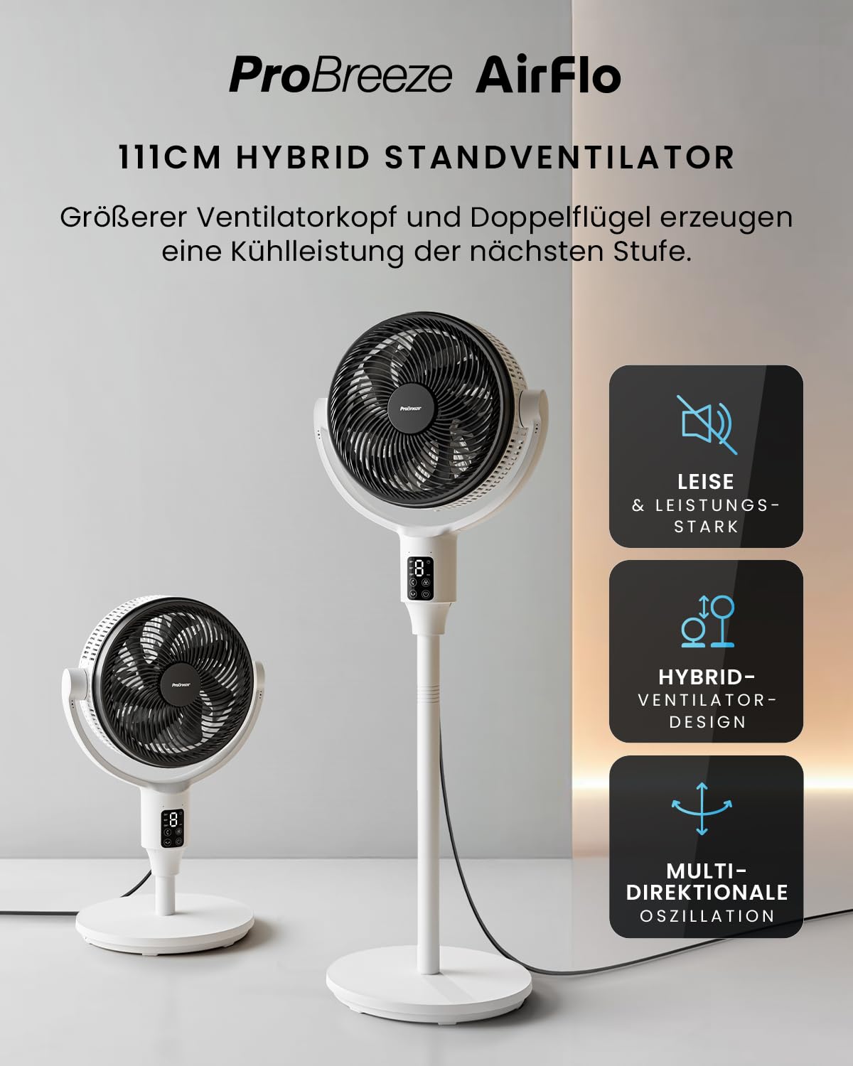 Pro Breeze AirFlo Plus Standventilator 111 cm 75% stärkerer Luftstrom 5 Doppelrotor-Blätter leise 29 dB 2-in-1 Stand- & Tischventilator 85°+135° Vortex-Oszillation Fernbedienung