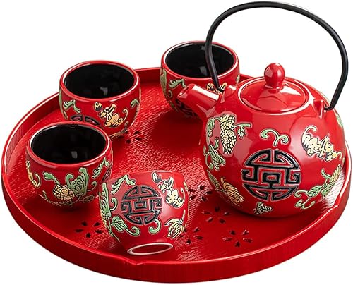 TANFEI Juego de té tradicional de cerámica china, juego de té para fiesta de ceremonia de boda, tetera de porcelana roja china con tazas de té y