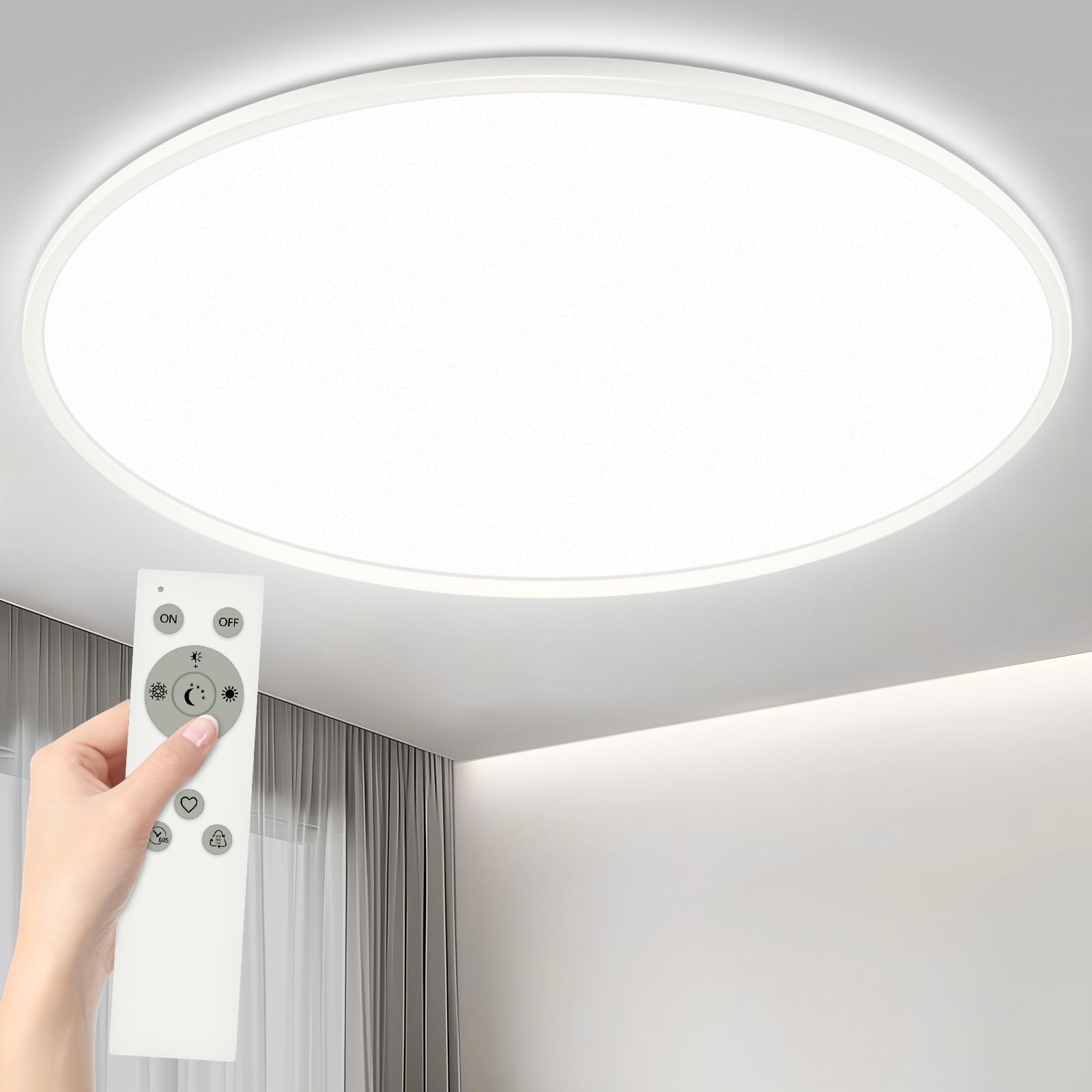 50W LED Deckenleuchte Flach Dimmbar, Ø60CM Deckenlampe mit Fernbedienung, 3000-6500K Modern Ultra Dünn, Rund Deckenleuchten Dimmbar für Wohnzimmer Schlafzimmer Kinderzimmer Büro Küche, Weiß