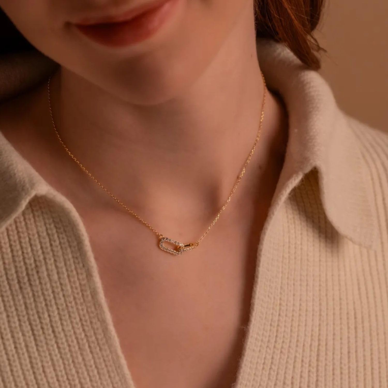 Gold Necklace for Women Sterling Silver Dainty Diamond Necklace Linked Pendant 18k Gold Plated Necklaces Paperclip Choker Necklaces Trendy Gold Jewelry - Image 2