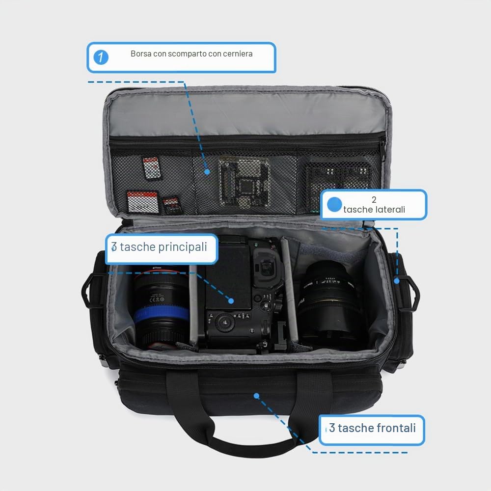 Andoer Borsa per fotocamera, borsa a tracolla per fotocamera da viaggio, borsa per fotocamera reflex impermeabile antiurto con divisori rimovibili e tracolla