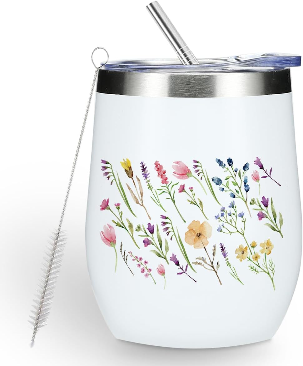 Cute Watercolor Wildflowers Floral 12 oz Tumbler, Wine Tumbler Insulated Wine Glass with Lid, Friendship Gifts for Women Flower Lovers Mom Grandma Aunt Girls Birthday Mothers Day Graduation Christmas