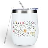 Cute Watercolor Wildflowers Floral 12 oz Tumbler, Wine Tumbler Insulated Wine Glass with Lid, Friendship Gifts for Women Flower Lovers Mom Grandma Aunt Girls Birthday Mothers Day Graduation Christmas