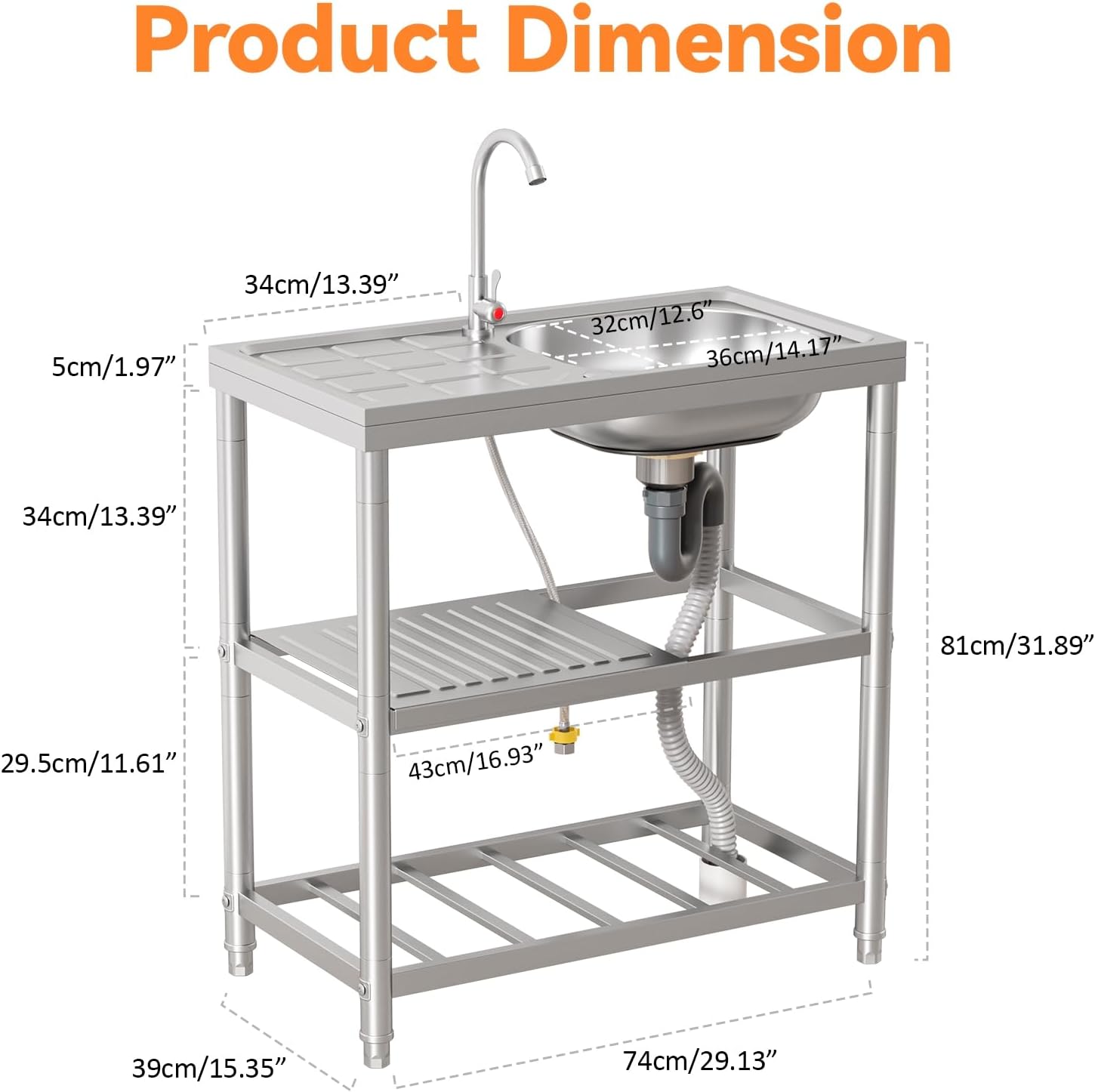 Freestanding 3-Tier Stainless Steel Outdoor Utility Sink with Faucet and Hose Hook Up, Portable Sink for Garden, Patio, Garage, Kitchen and Laundry Room - 29.5" x 15.75" x 31.5"