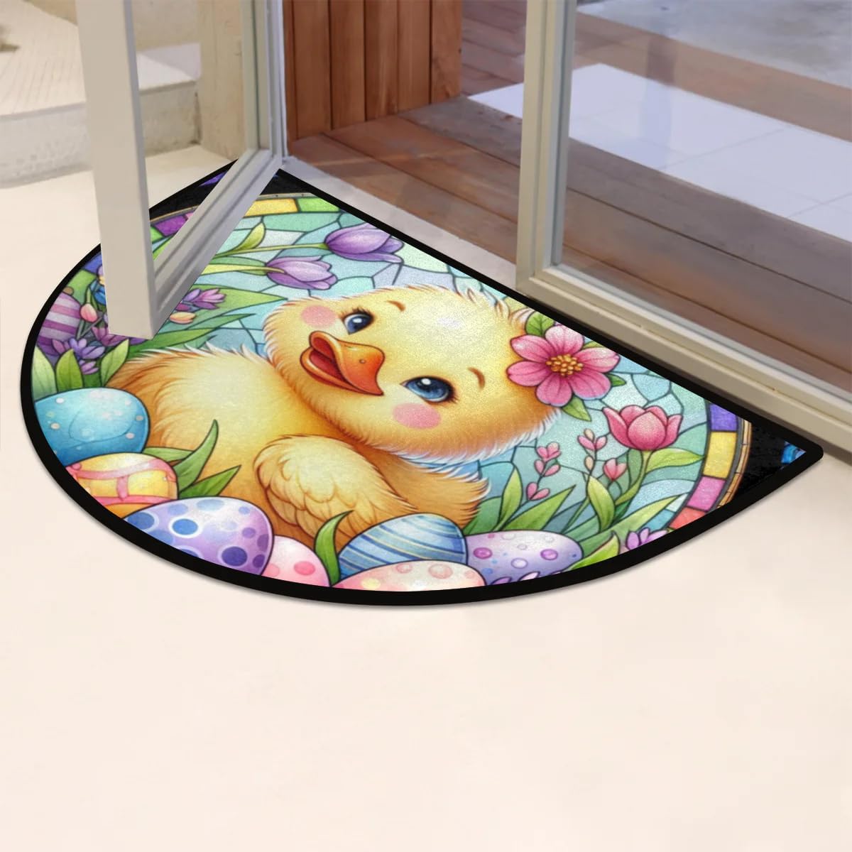 Half Round Door Flower Easter Duck Egg Mat Half Moon Rug Washable Durable Semi Circle Carpet Floor Rug for Indoor Outdoor Bathroom Kitchen Patio Hearth Laundry Room Home Decoration