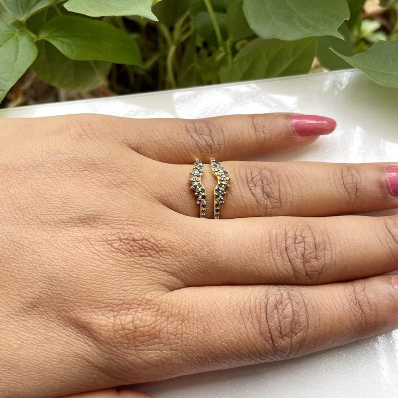 Round Cut Blue Sapphire Matching Enhancer Guard Band for Women, 14K Gold Finish Blue Sapphire Contour Curve Matching Band, September birthstone Ring