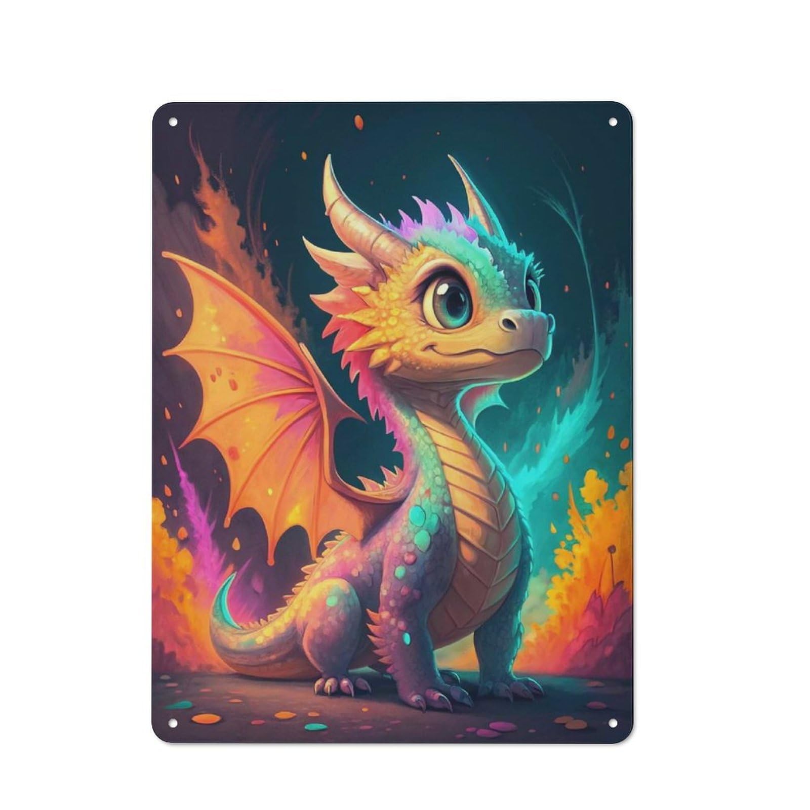 Junmoney Style-18 Tin Wall Plaque 40X30cm With Cute Baby Dragon With Colorful Wings For Workshop Wall, Housewarming Wall Decor For People Furnishing Workshop