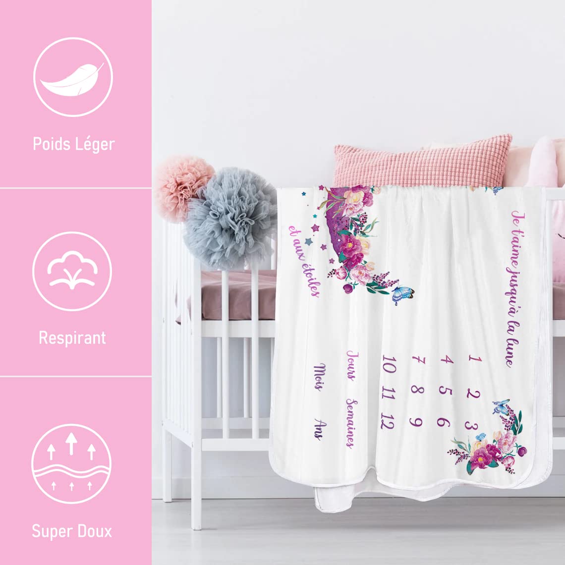 Couverture Etape Bébé, Tapis Mois Bébé pour Filles ou Garçons,Cadeau Baby Shower pour Maman avec 4 Cadres Photo Couverture Douce,Couverture Photo Bebe Mois 130X100cm
