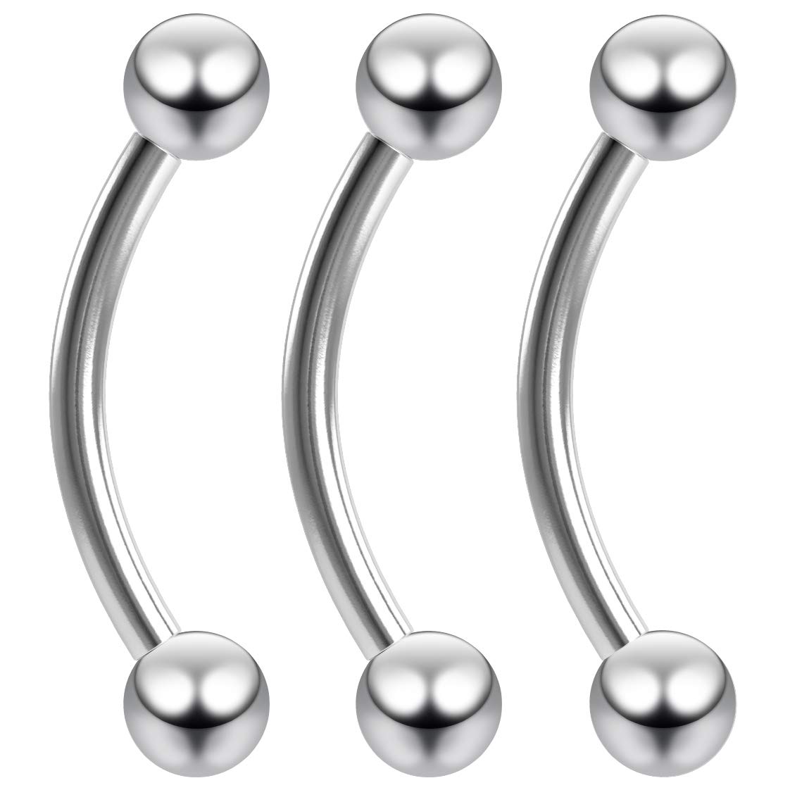 Evonix3pc 14g 1.6mm Curved J-Curve Barbell Banana Daith Rook Conch Labret Bar Helix Lip Ring Tragus Eyebrow Cartilage Bar Balls