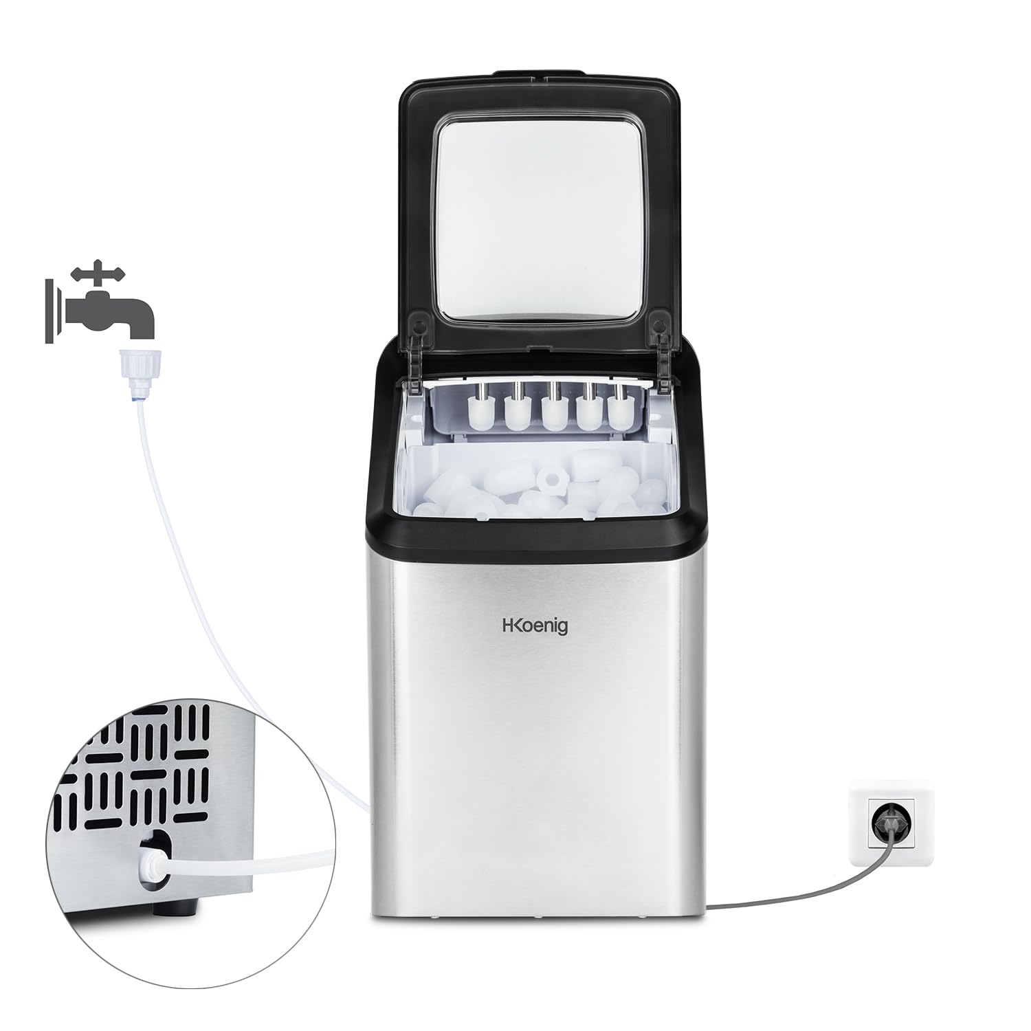 H.Koenig Macchina del ghiaccio KBP40, 15 kg di cubetti al giorno, 2 formati di cubetti di ghiaccio, automatico, compatto, collegabile al rubinetto, cubetti pronti in 6 minuti, serbatoio 2,8 L