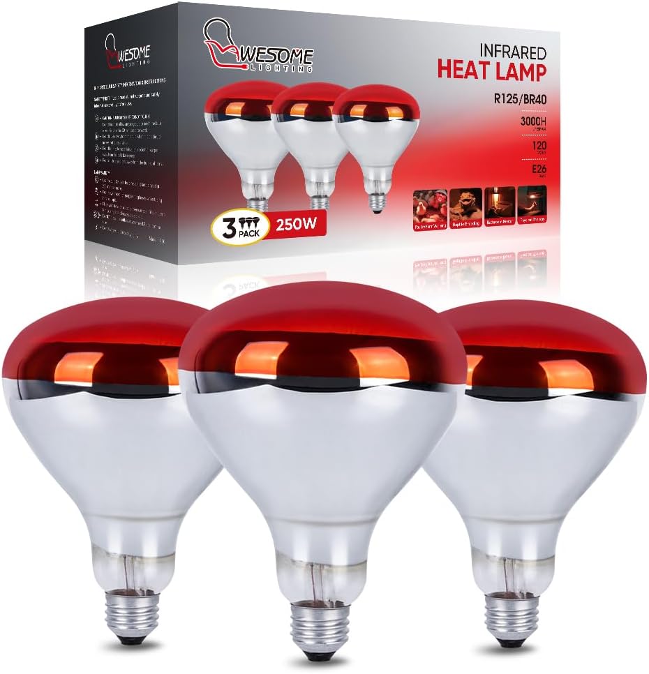 3 Pack 250W Heat Lamp Bulbs for Chicks, R40 Brooder Heat Lamp for Chickens, Infrared Reflector Heat Bulbs for Brooder Heater, Incandescent Heating Bulb for Pet, Bathroom, Food