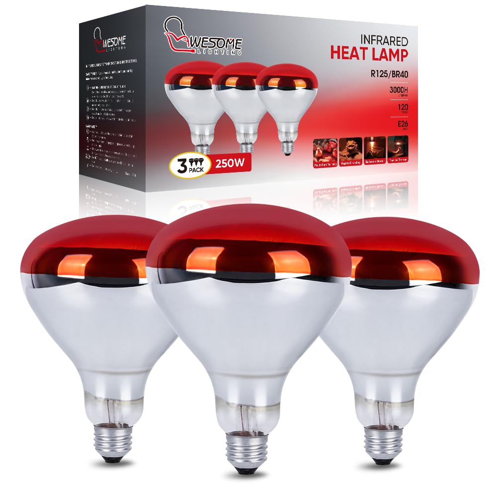 Wesome Lighting 3 Pack 250W Heat Lamp Bulbs for Chicks, R40 Brooder Heat Lamp for Chickens, Infrared Reflector Heat Bulbs for Brooder Heater,