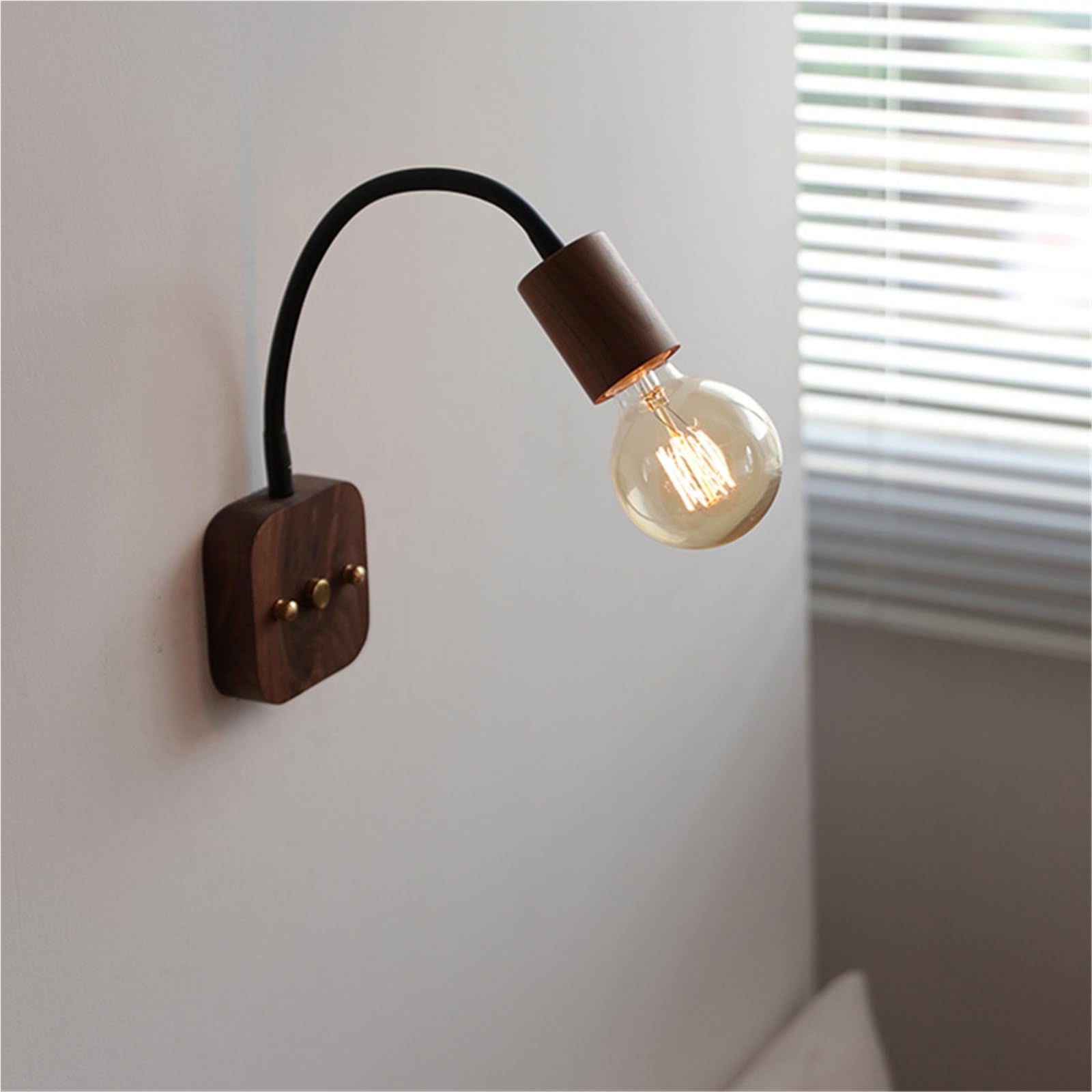 SXECAEPS Retro Wood Wall Light, Mid-Century Gooseneck Lamp Adjustable Angle Sconce for Bedroom Stairway Entryway Study Room(Walnut)